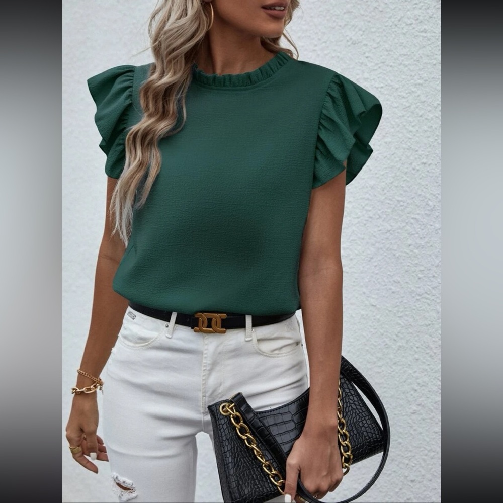 Dark green ruffle sleeve blouse